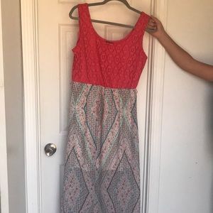 Coral and multicolored maxi dress.